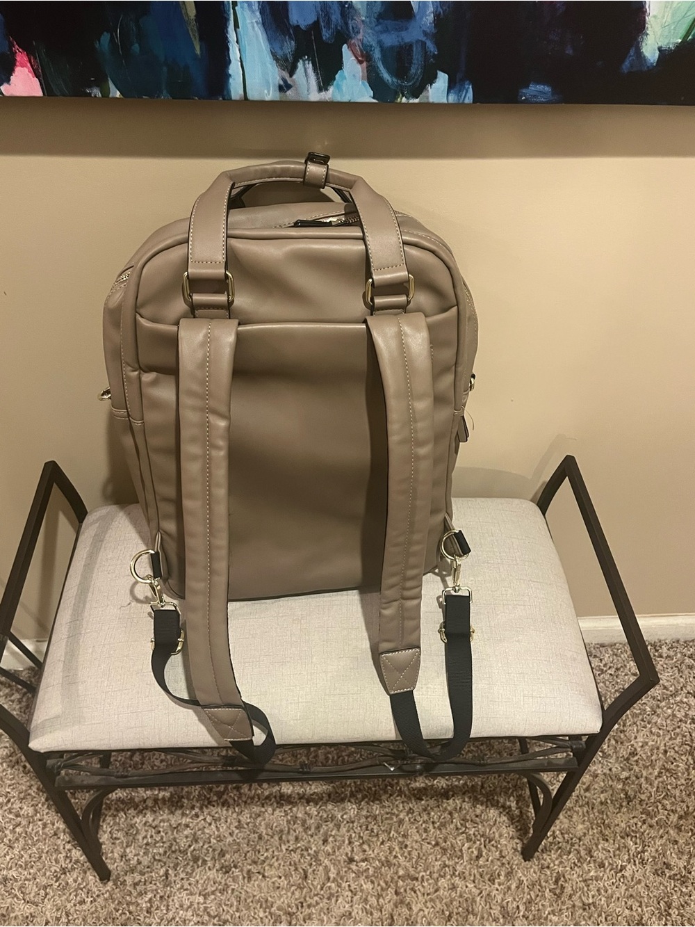 Like New Bugatti Taupe Faux-Leather Convertible Backpack Messenger - Picture 3 of 11